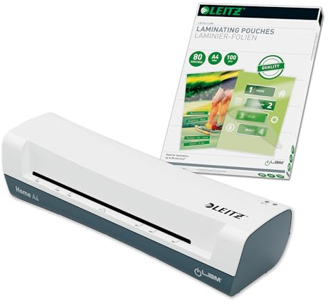 Leitz Set iLAM Home A4 Laminiergerät + Heißlaminierfolien A4 80 mic im 100er Pack, Laminiergerät für 75 bis 125 mic Laminierfolien, 3 Min. Aufwärmzeit, Weiß, Ideal für Home Office & Schule, 74200000