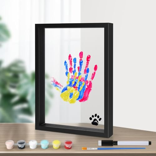 Family Handprint Kit, Transparent Family Handprint Photo Frame Kit Wooden DIY Craft Picture Frame Keepsake Expecting & New Parents Gifts for After Birth with 6 Acrylic Paint Colors (Black)