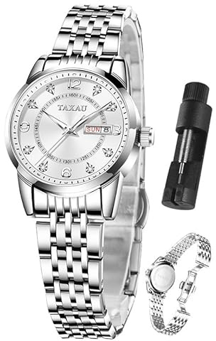 Taxau Damenuhr Silber Armbanduhr Damen Edelstahl Wasserdicht Uhr Damen Leuchtkalender Diamant Damenuhren Analog Quarzuhr Damenarmbanduhr Women's Silver Watch Frauen Uhren GüNstig Klassisch Analog