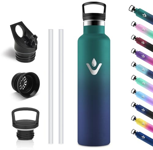 Vikastar Borraccia Termica, 1000ml Senza BPA, Borraccia Termica 1 Litro, a Prova di Perdite, Thermos per Bevande Calde, Acciaio Inox, Bottiglia Termica per Adulto, Palestra, Ciclismo, Verde & Blu