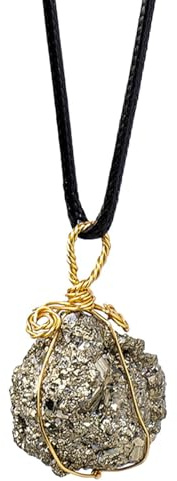 Collana di pirite avvolta in filo - Ciondolo amuleto guarigione in oro, talismano di pietra di luna legata a corda | Gioielli in pietra di energia, fascino del spirituale per lui