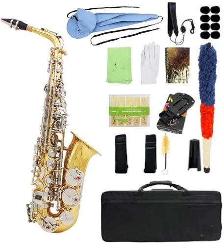 Professionell Saxofon Professionell Eb Altsaxofon Guld och Silverfärgad E Mässing Kropp Snidad Slipad Fodral Tillbehör Ingår(Gold silver Alto sax)