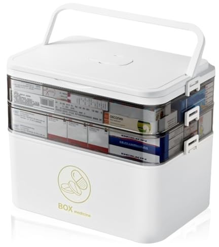 LIAVOP 3 ripiani per conservare i farmaci, 30X24X16 cm Scatola per medicinali Maniglia portatile, trasportabile con chiusura sicura Organizer multifunzionale per farmaci, scatola per farmaci domestici