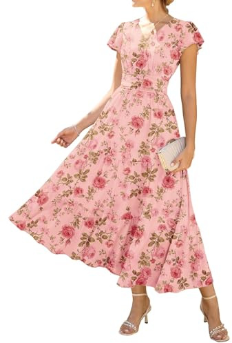 GRACE KARIN Women's Summer V-Neck Floral Dress with Pockets Ruffle Sleeves A-Line Fitted Waist Dresses Gray Pink-Pink Roses XL