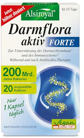 Alsiroyal Darmflora Forte · pro Kps. 200 Mrd. KBE aus 20 Bakterienkulturen | Probiotika mit 200 Mrd. aktiven Bakterien aus 20 Kulturen · nur 1 magensaftresistente Kps. · Biotin & Folsäure · laktosefrei