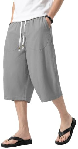 KEFITEVD Men's Shorts 3/4 Length Linen Loose Long Shorts Summer Casual Pants Elasticated Waist Beach Yoga Trousers with Pockets