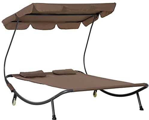 Outsunny Tumbona de Matrimonio de 2 plazas, Parasol Ajustable, Exterior y jardín, 200 x 175 x 134 cm, marrón