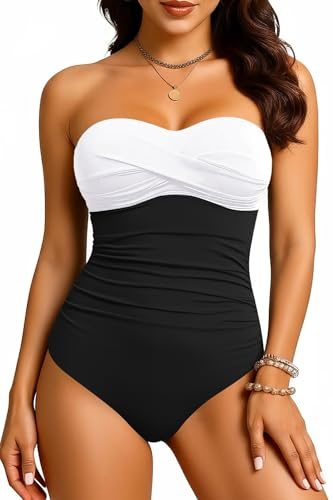 Yonique Womens Strapless One Piece Swimsuit Tummy Control Bandeau Bathing Suits Slimming Twist Front Swimwear, White & Black, Medium