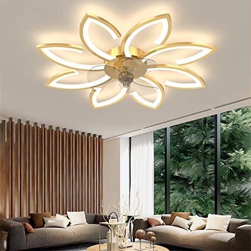 90cm Ventilateur de Plafond avec Lumière et Télécommande/APP Silencieux Créative Fleur Plafonnier Ventilateur Led Moderne Dimmable 6 Vitesse Réversible été Hiver pour Chambre Salon, Or