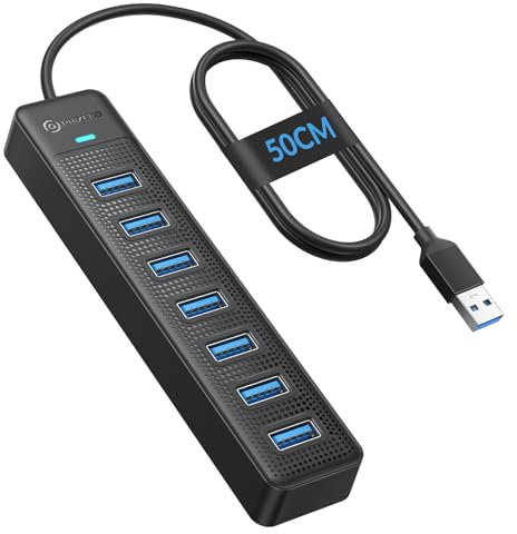 PHIXERO 7 Port USB Hub 3.2 With 1.6FT/50CM Long Cable, Multiport Adapter for Laptop Compatible With All USB 3.2/2.0/1.1 Port Devices