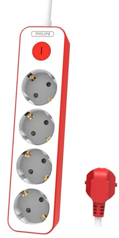 Philips CHP2145R - Regleta de 4 Enchufes, Bloqueo Alimentación, 1.500W, Cable Alimentación Trenzado 1.5 Metros Alta Resistencia, Cierre Seguridad (Indicador LED Prot) - Color Blanco/Rojo
