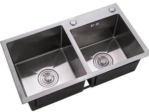 LUNICASHA Fregadero de cocina de 2 cuencos, de acero inoxidable, empotrable, doble estante, 2 cuencos, con escurridor