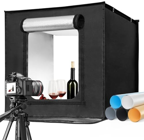EMART Fotobox 60x60cm, Dimmbare Fotostudio Set mit 5 ProduktFotokulissen und 3 Farben Licht für Lebensmittel Schmuck Produktfotografie