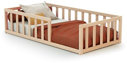 WEBABY - Bodenbett Baby 70 x 140 cm | Mit Barrieren | Babybett | Kinderbett | Lattenrost inklusive | Schlafkomfort | Autonomie | Sicherheit | Massivholz (Beige, Kinderbett)