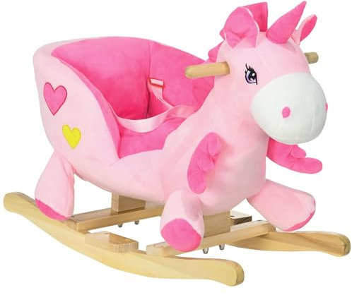 HOMCOM Rocking Horse, Kids Plush Ride on Unicorn with Songs, Wooden Base, Seat Belt, for Toddlers 18-36 Months, Pink