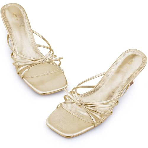 Allegra K Women's Square Toe Strappy Strap Kitten Heels Slide Sandals Gold 7 UK/Label Size 9 US