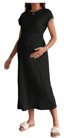 OYOANGLE Women's Maternity Summer Casal Short Sleeve Midi Dress Drawstring Waist Textured Pregnancy T Shirt Dress Black L