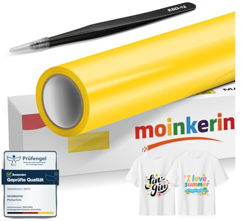 moinkerin plotterfolie textil gul med pincett 30,5 x 400 cm | Självhäftande och tvättbar för kläder DIY, t-shirt, hattar, andra tyger | Iron On film för skärmaskiner