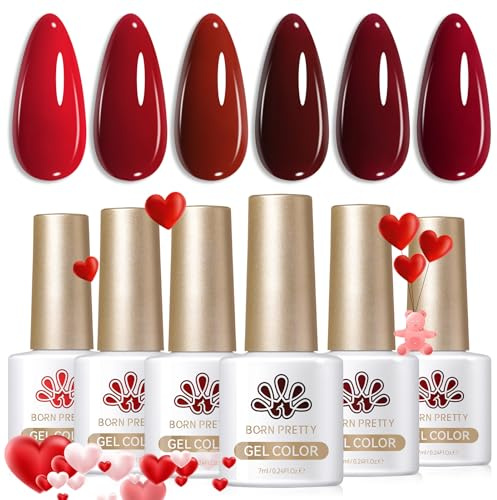 Born Pretty Esmalte Semipermanente Borgoña Vino Rojo, 6 Colores Esmalte de Uñas en Gel U V Gel Nail Polish para Salón de Manicura DIY Home