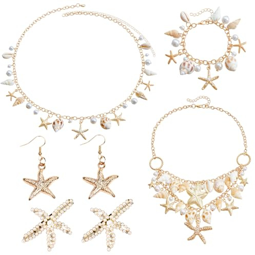 Byfoyif Bijoux Coquillage Femme, Collier Breloque Femme + Bracelet Coquillage Fille + Boucles d'Oreilles Coquillages + Épingle à Cheveux + Chaîne de Taille, Bijoux Bohème Or, pour Costume Fête Été