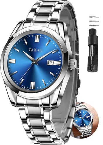 Taxau Uhren Herren Silber Blau Zifferblatt Edelstahl Armbanduhr Herren Casual Uhren Business Mode Wasserdicht Uhren Fur MäNner Leuchtend Mit Datum Herrenuhren Watches for Men