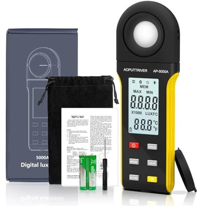 Luxómetro Portátil, Luxómetro digital de alta precisión -5000A, amplio rango de 1 a 400000 lux, selector de unidad lux/fc, registro de máx./mín., pantalla integrada,Precisión Reacciones Rápidas(Yello