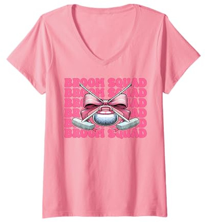 Womens Broom Squad Curling Stone Player Girl Mom Coquette Bow V-Neck T-Shirt