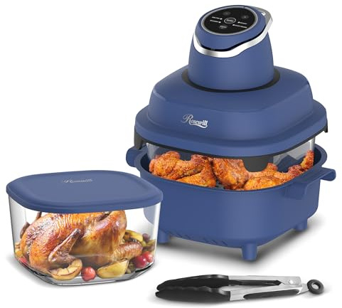 Rosewill 4-in-1 Portable Glass Air Fryer, 4.7QT Transparent Glass Cooking Pot with Storage Lid & Tongs, Compact Smart for Deep Roast, Recrisp, Keep Warm – Navy Blue