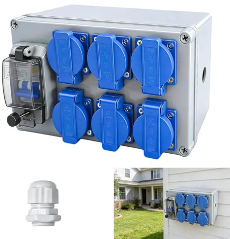 Distribuidor eléctrico para obras 16 A, distribuidor de pared con interruptor automático y FI, 6 tomas Schuko 230 V Caja de distribución, distribuidor eléctrico IP44, subdistribución en superficie