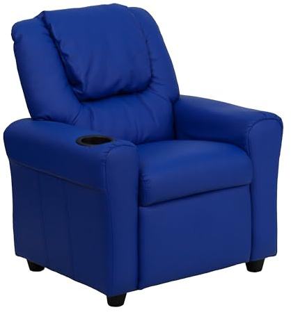 Flash Furniture Vana Vinyl Kids Recliner with Cup Holder, Headrest, and Safety Recline, Contemporary Reclining Chair for Kids, Supports up to 90 lbs., Blue