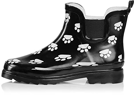 NORTY - Womens Ankle Rain Boots - Ladies Waterproof Winter Spring Garden Boot runs ½ size large Paw Black White Size 10