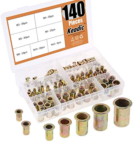 Keadic 140Pcs Rivet Nuts Set, Threaded Insert Nutsert, Threaded Insert Nut Riveter Set, Carbon Steel Rivnuts Blind Rivet Nut Assortment Set for Metal, Wood, Aluminium - M3/M4/M5/M6/M8/M10/M12