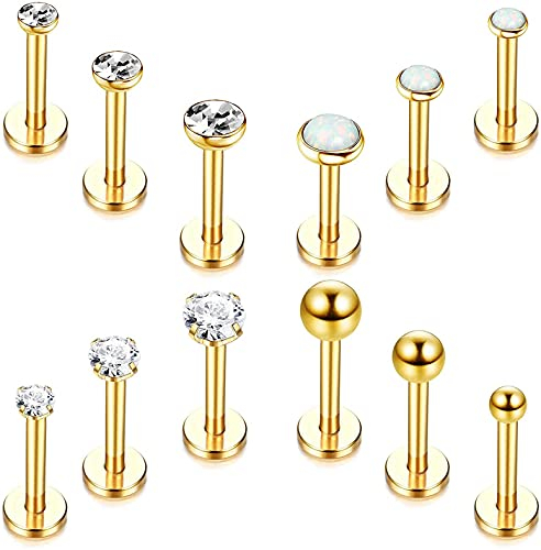 CASSIECA 12 Stück Edelstahl Lippenpiercing Stud Labret Piercing für Frauen Männer 16 Gauge Kugel Zirkon Opal Labret Schwarz Silber Ohrstecker Knorpel Helix Tragus Ohrringe Lippe Piercing, 6mm 8mm