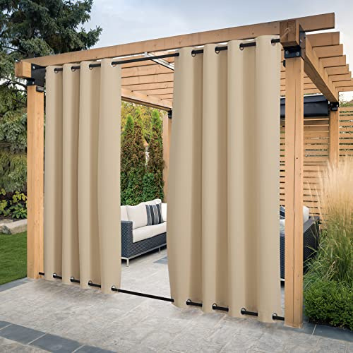 PONY DANCE Rideaux d'Extérieur Isolant Thermique à Double Oeillets Anti Froid Anti Chaleur Toile Imperméable pour Extérieur/Intérieur, Jaune Beige, 132 x 213 cm, Lot de 2