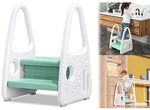 LARS360 Kinder Tritthocker Lernturm Tritthocker Schemel Stehender mit 2 Stufen Pyramiden Struktur Sicherheit Kinderschemel für 2-5 Jahre 45 x 39,5 x 61 cm (Grün)