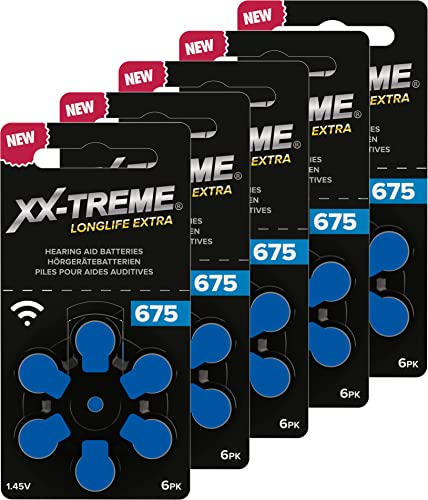 XX-Treme Longlife Extra Hearing Aid Batteries Type 675-30 Pieces Hearing Aid Batteries Designed for Highest Performance,Pack of 5 Blisters of 6 Hearing Aid Batteries,PR44 Colour Code Blue 1.45 Volt