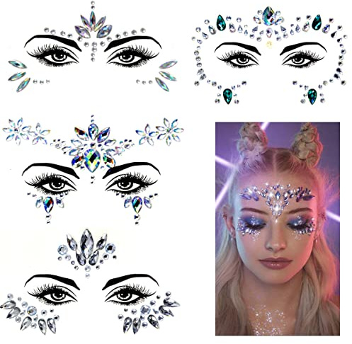 Gesicht Strasssteine 4PCS,Temporäre Tattoos Glitzer Schmucksteine Selbstklebend Glitzersteine Gesicht,Schmucksteine Festival Face Sticker für Karneval Schminke, Parties,Make-up (1)