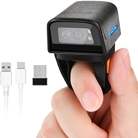 JRHC 1D 2D Bluetooth tragbarer Ring Barcode Scanner, tragbarer Mini Barcode-Barcode-Leser mit 2,4-GHz-Wireless- und USB-Kabelverbindung
