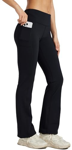 WILLIT Damen Thermo Flare Leggings Winter Fleece gefütterte Yogahose Warm Sportleggins Laufhose Bootcut Hose High Waist mit Taschen Schwarz M