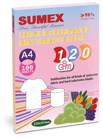 Sumex Sublimationspapier A4 210×297mm 100 Blätter 120g/m² Sublimationspapier Kompatibel mit Tintenstrahldrucker