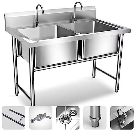 Edelstahl-Doppelspülen Outdoor-Campingspüle Gewerbliche Edelstahlspüle Freistehende Doppelwaschbecken allgemein geeignet für Küche, Garten, Outdoor(39.3 * 19.7 * 31.5in)