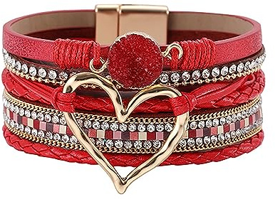 LSxAB Heart Red Multilayer Leather Wrap Bracelets for Women Handmade Braided Stackable Boho Bracelet Sparkles Wristband