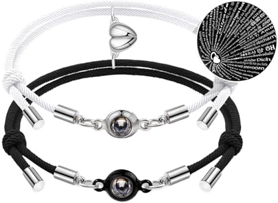 QianSiLi Idee Regalo San Valentino per Lui e Lei,Bracciali Coppia, Braccialetto di proiezione, regolabile, Regali Di Coppia Per Lui Lei Fidanzata Fidanzato, Regalo Anniversario Compleanno(Bianco)