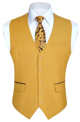 HISDERN Men's Yellow Waistcoats Formal Wedding Waistcoat Solid Colour Classic Business Party Tuxedo Suit Vest with Fashion Pockets Regular Fit XXL