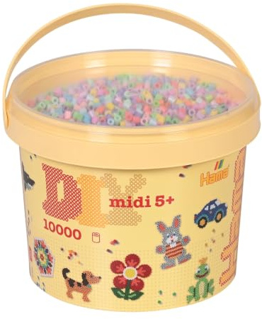 Hama Midi Beads Bucket, Approx.10.000 Fuse Beads Pastel Colour | Aesthetic Midi Melting Pixel Blocks Tube Pack for Soft Tone Mosaic Activity Board Nursery Creative Birthday Gift Items