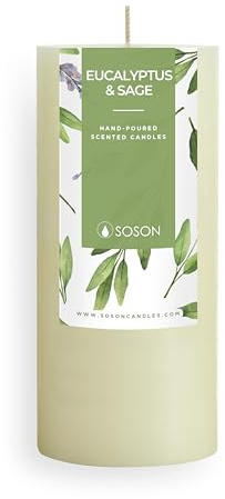 Simply Soson 3x6 inch Ivory Rustic Eucalyptus and Sage Pillar Scented Candle - 1 Piece - for Home Decor, Aromatherapy, Weddings, Restaurants, Spa, Church