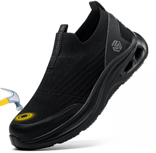 Steel Toe Shoes Men Lightweight Comfortable Work Shoes Slip On Safety Shoe Walking Sneakers Puncture Proof Loafers,All Black,Size 11