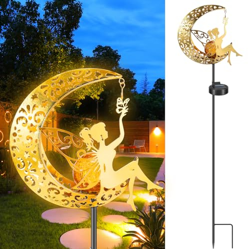 Lampada solare a forma di luna per esterni, giardino, decorazione da giardino, per esterni, elfo, fata, impermeabile, con picchetto, lampada solare per esterni, terrazza, prato, balcone (stella)