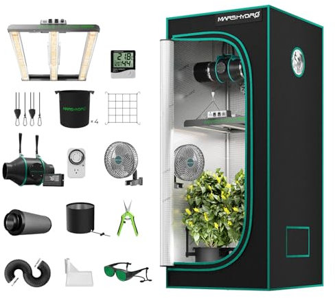 MARS HYDRO Kit Complet de Tente de Culture FC-E1500 LED Grow Light Lamp Full Spectrum， Dimmable， with 80X80X160cm Growtent with 4inch Ventilation Set with Digital Controller Carbon Filter