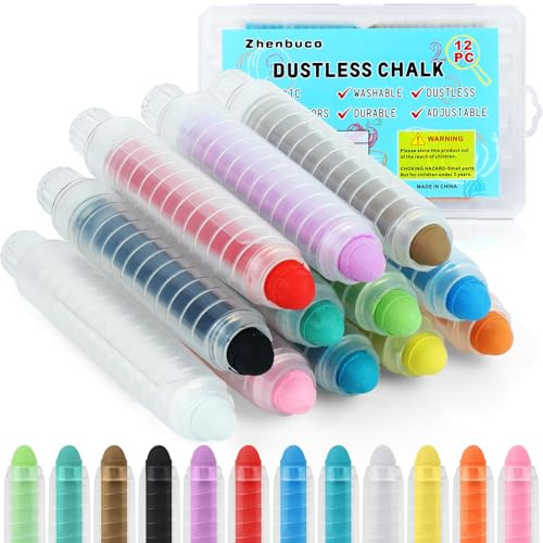 Dustless Chalk for Kids - 12 PCS Colored Non-toxic Twistable Children's Day Sidewalk Chalk with Holder, Dust-free Washable Toddler Chalk, Art Tool for Children Outdoor Blackboard Drawing Writing